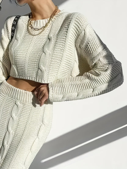 vlovelaw Twist Pattern Knitted Two-piece Set, Long Sleeve Crop Top & Split Maxi Skirt Outfits, Women's Clothing