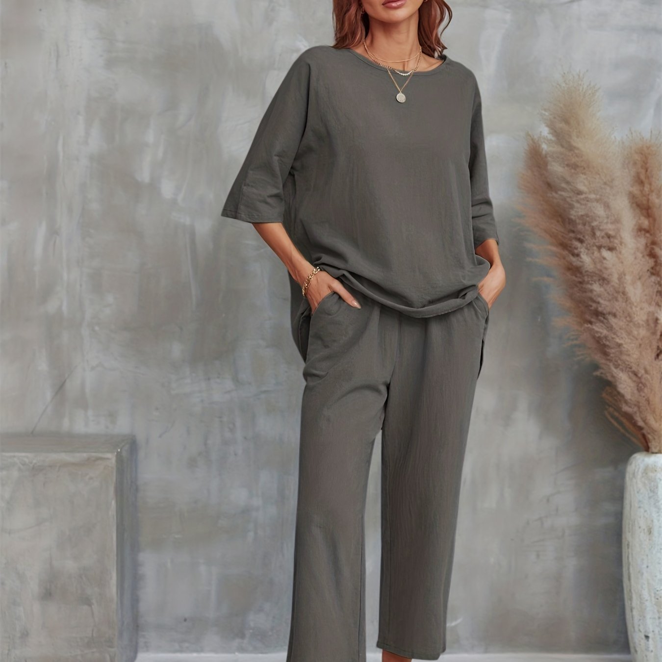 vlovelaw  Solid Casual Two-piece Set, Crew Neck Half Sleeve Tee & Wide Leg Pants Outfits, Women's Clothing