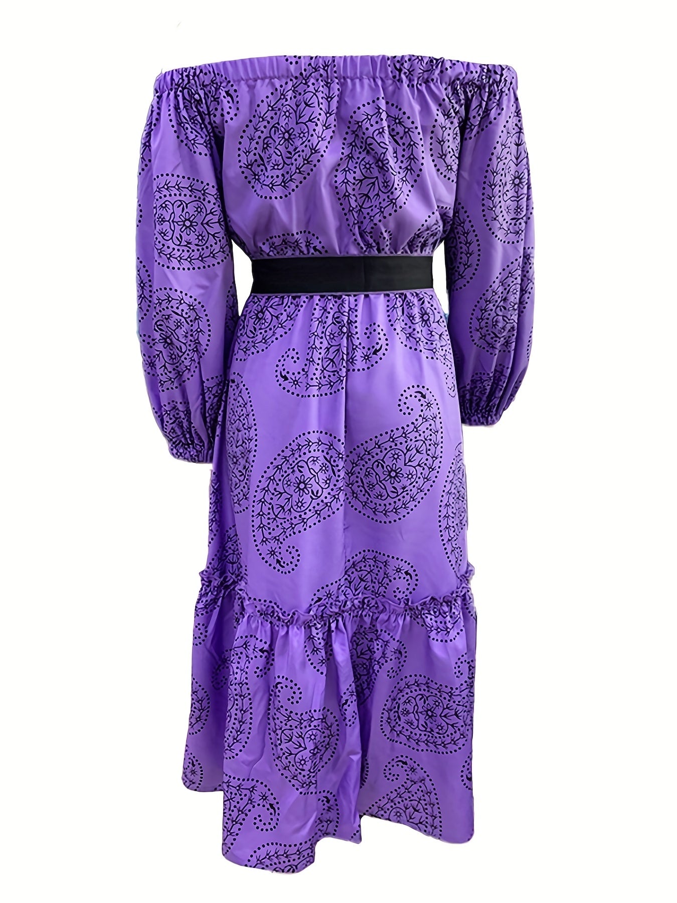 vlovelaw Paisley Print Off Shoulder Dress, Casual Ruffle Hem Long Sleeve Dress, Women's Clothing