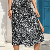 vlovelaw  Floral Print Midi Skirt, Side Slit Casual Skirt For Summer & Spring, Women's Clothing