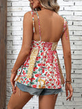 Floral Print Ruched Spaghetti Strap Top, Elegant Backless Cami Top For Summer, Women's Clothing