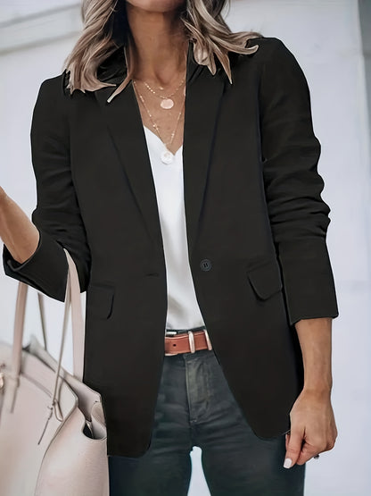 Solid Button Front Blazer, Elegant Lapel Long Sleeve Blazer For Office & Work, Women's Clothing