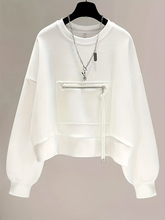 vlovelaw Zipper Pocket Pullover Sweatshirt, Casual Long Sleeve Crew Neck Sweatshirt For Fall & Winter, Women's Clothing