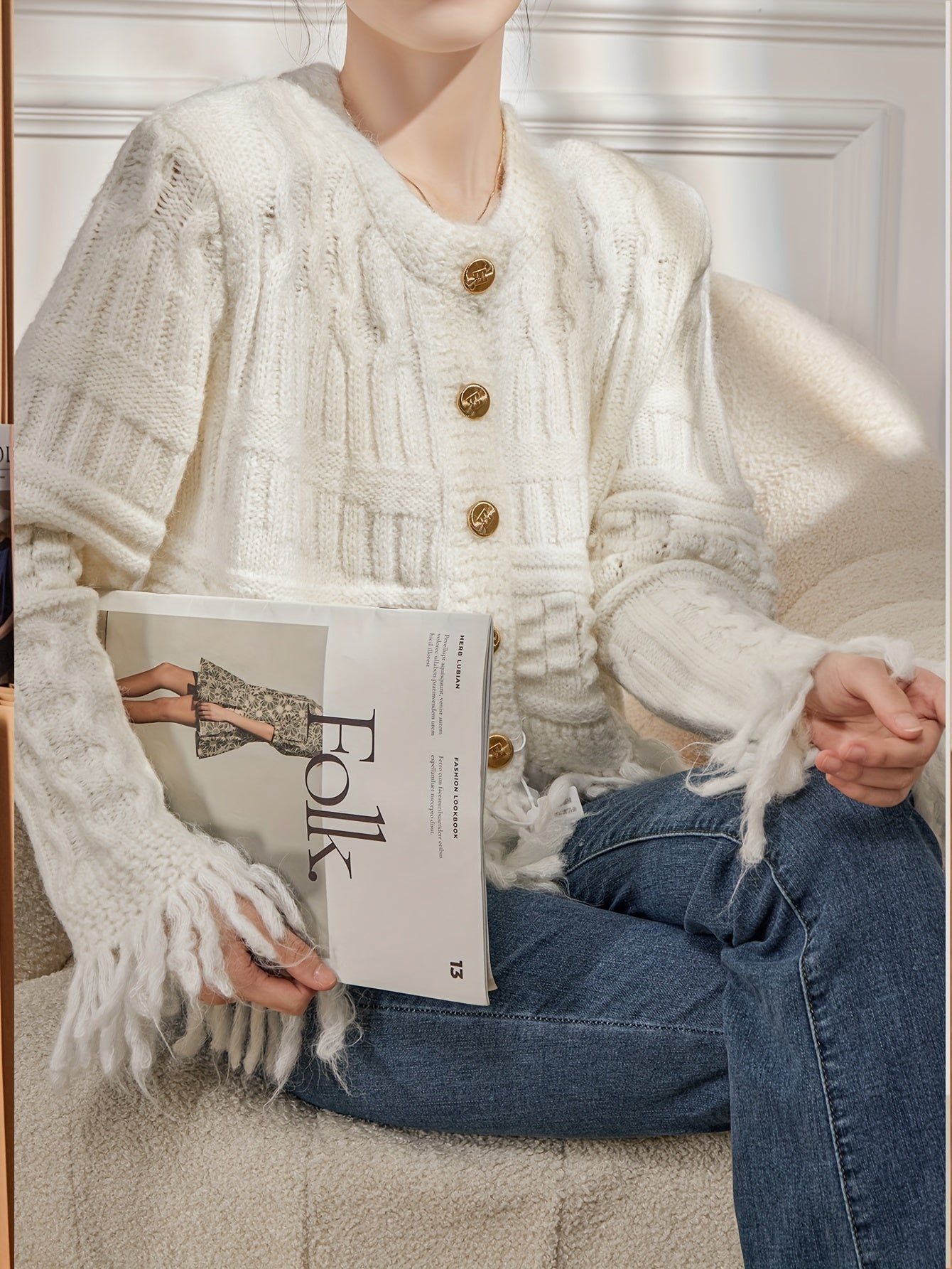 vlovelaw  Solid Button Up Knit Cardigan, Elegant Tassel Hem Long Sleeve Stylish Sweater, Women's Clothing