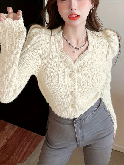 vlovelaw  Solid Button Front Blouse, Elegant Puff Long Sleeve Blouse, Women's Clothing