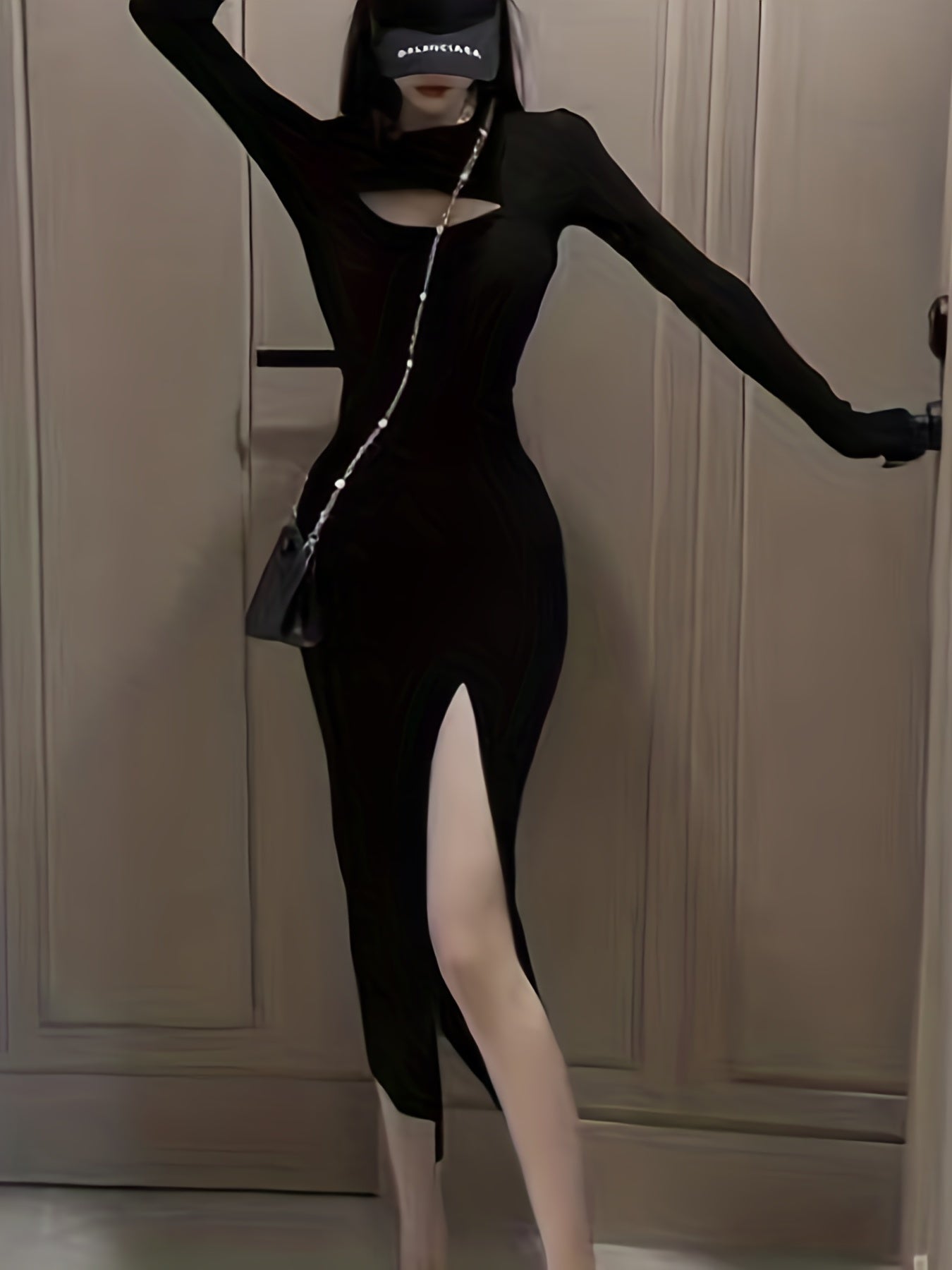 vlovelaw  Cut Out Split Thigh Dress, Sexy Solid Long Sleeve Bodycon Dress, Women's Clothing