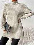 Ribbed Turtleneck Split Hem T-Shirt, Casual Long Sleeve Top For Spring & Fall, Women's Clothing