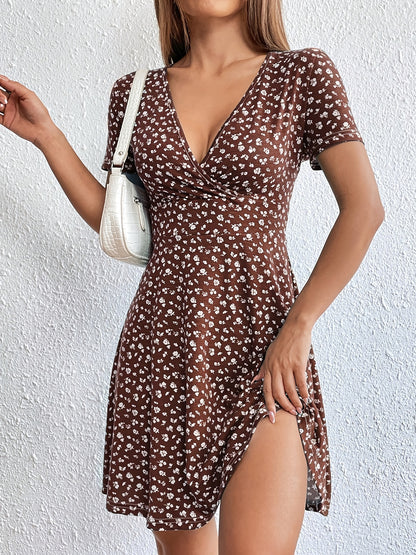 vlovelaw  Ditsy Floral Print Dress, Boho V Neck Short Sleeve Dress, Women's Clothing