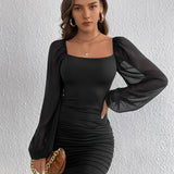 vlovelaw  Ruched Bodycon Mini Dress, Sexy Square Neck Long Sleeve Dress, Women's Clothing