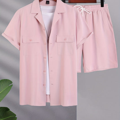 Mens Stylish Lapel Outfit Set - 2 Piece Short Sleeve & Shorts - Ultra-Comfortable Loose Lounge Wear for Effortless Casual Days