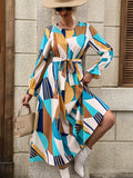 vlovelaw  Geo Print Ruffle Trim Dress, Elegant Crew Neck Long Sleeve Dress, Women's Clothing