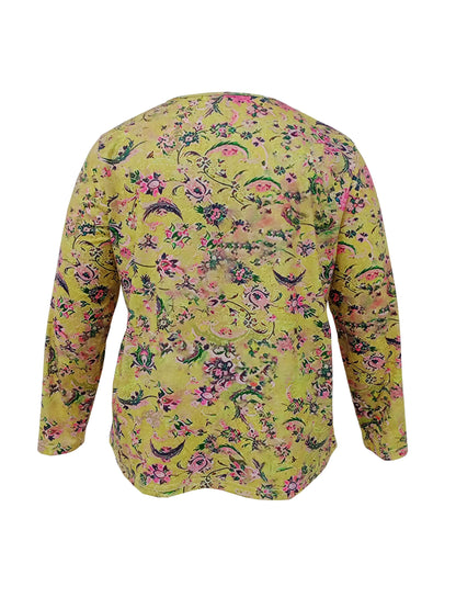 Plus Size Casual T-shirt, Women's Plus Floral Print Long Sleeve V Neck Slight Stretch T-shirt