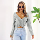 Sexy Solid Pullover Sweater, Long Sleeve V Neck Casual Crop Top For Spring & Fall, Women's Clothing