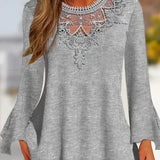 Plus Size Casual Top, Women's Plus Solid Contrast Lace Bell Sleeve Round Neck Medium Stretch Top