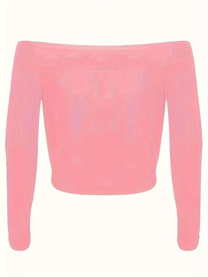 vlovelaw  Plus Size Basic Knit Top, Women's Plus Solid Ribbed Long Sleeve Off Shoulder Skinny Knit Top