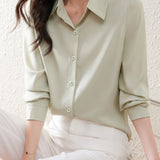 vlovelaw  Solid Button Front Shirt, Elegant Turn Down Collar Long Sleeve Shirt, Women's Clothing