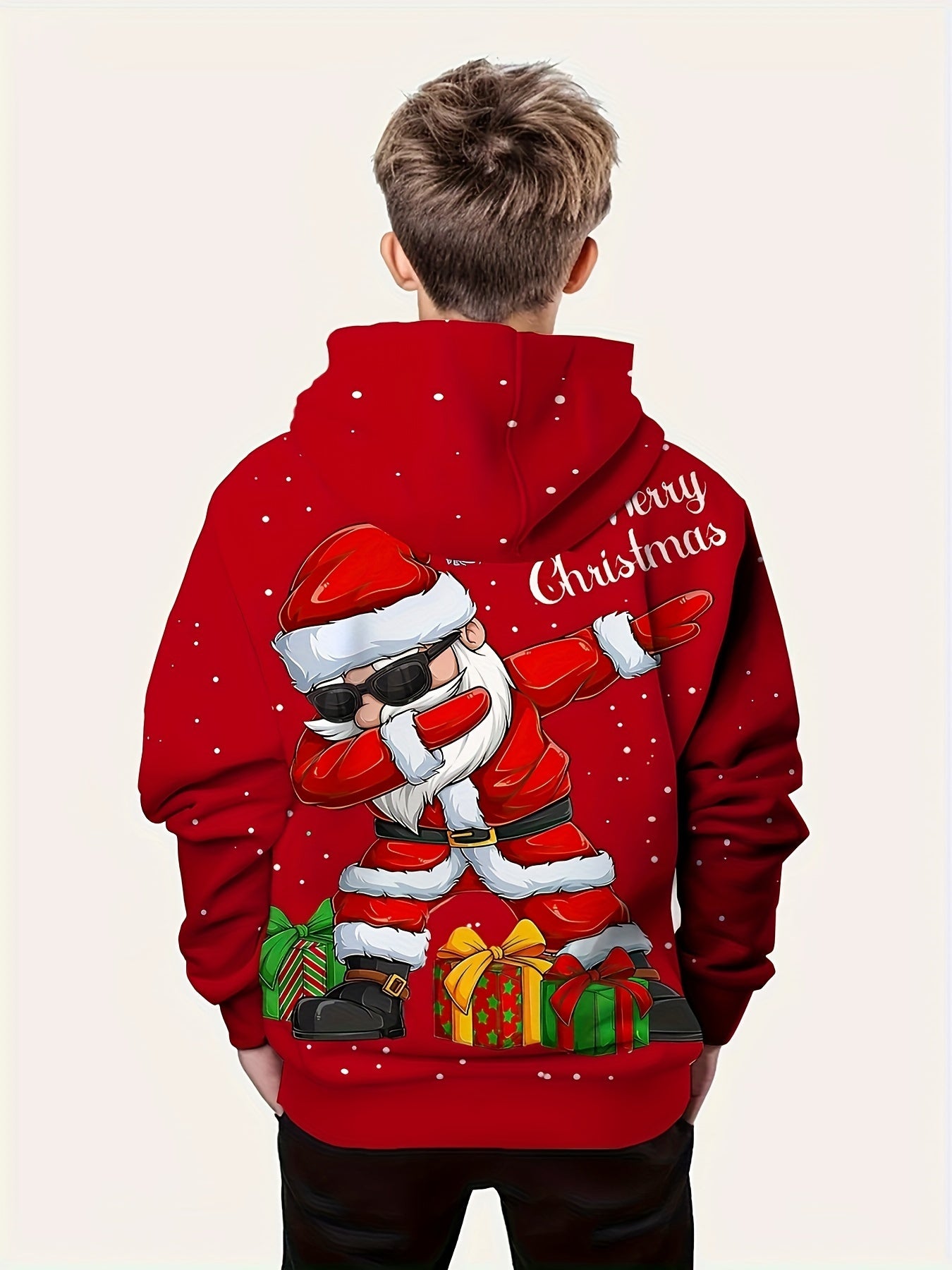 Christmas Theme Print Long Sleeve Hooded Sweatshirt - Soft, Regular Fit, Cozy Pullover Top for Boys, Perfect for Fall and Winter Seasons