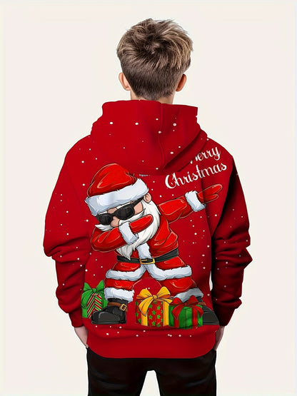 Christmas Theme Print Long Sleeve Hooded Sweatshirt - Soft, Regular Fit, Cozy Pullover Top for Boys, Perfect for Fall and Winter Seasons