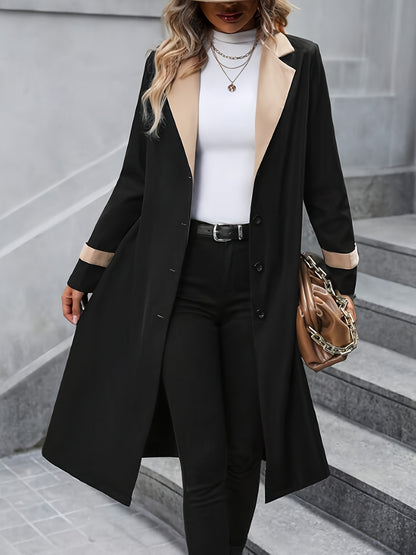 Button Front Notched Collar Coat, Casual Long Sleeve Mid Length Outerwear, Women's Clothing