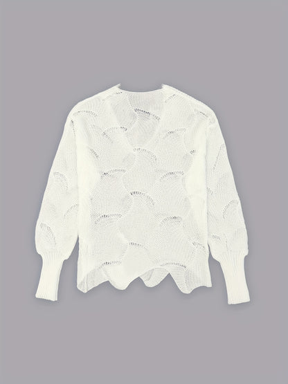 Solid Eyelet Scallop Hem Knit Sweater, Casual Lace V Neck Long Sleeve Pullover Sweater, Women's Clothing