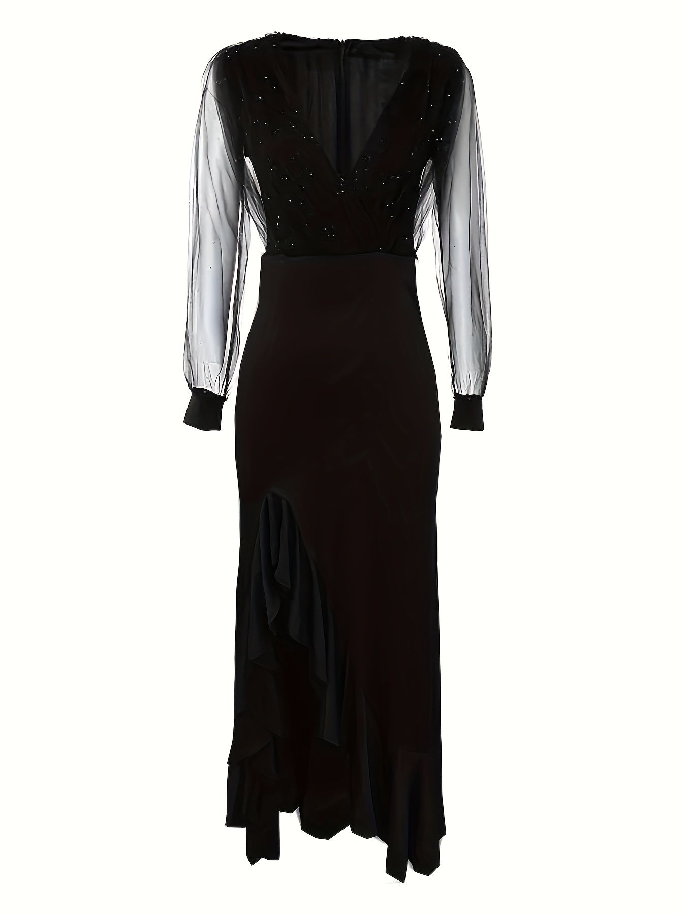 vlovelaw  Split Plunging Neck Maxi Dress, Elegant Long Sleeve Dress For Party & Banquet, Women's Clothing