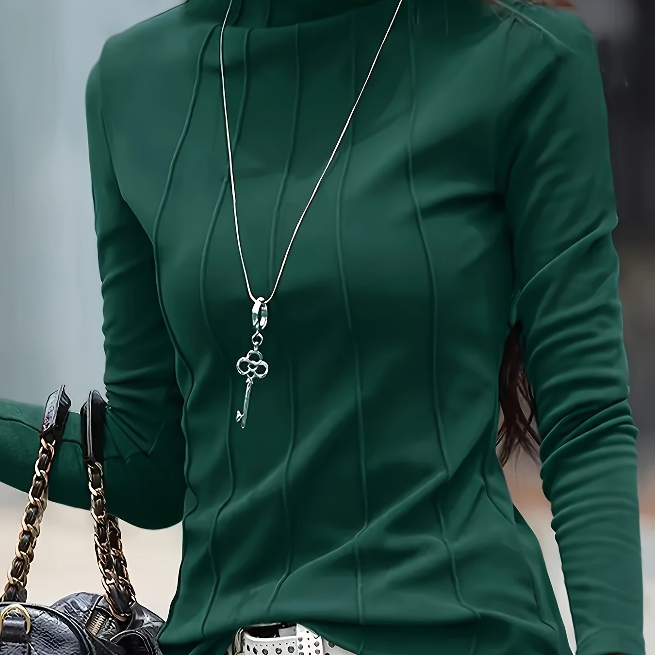 vlovelaw  Plus Size Solid Turtleneck Slim T-Shirt, Versatile Long Sleeve T-Shirt For Spring & Fall, Women's Plus Size Clothing