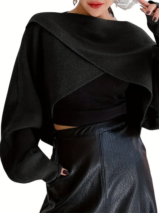 vlovelaw  Solid Cross Front Crop Sweater, Elegant Batwing Sleeve Sweater For Spring & Fall, Women's Clothing