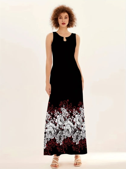 Floral Print Ring Linked Dress, Casual Crew Neck Dual Pockets Tank Dress, Women's Clothing