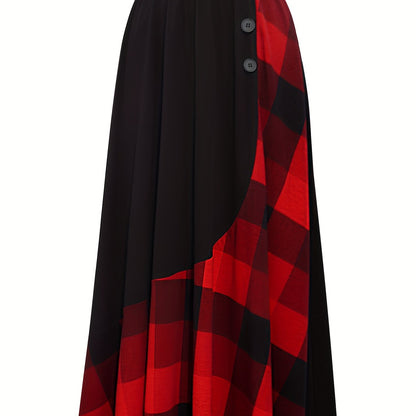 Plaid Print Elastic Waist Skirt, Elegant Button Ruffle Hem Maxi Skirt, Women's Clothing