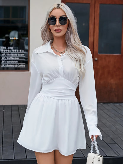 vlovelaw  Solid Button Front Dress, Elegant Long Sleeve Shirred Dress For Spring & Fall, Women's Clothing