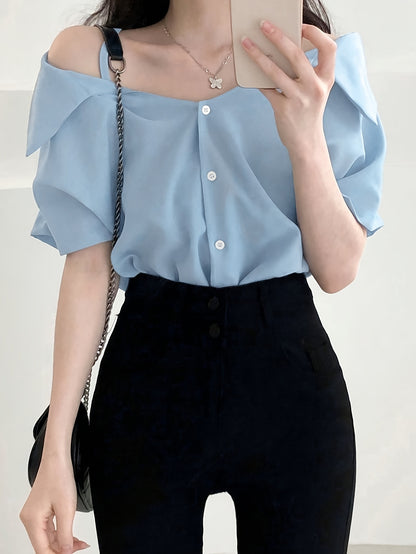 vlovelaw  Solid Cold Shoulder Blouse, Elegant Short Sleeve Top For Spring & Summer, Women's Clothing