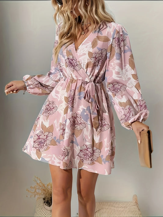 vlovelaw Floral Print Surplice Neck Dress, Elegant Lantern Sleeve Dress For Spring & Fall, Women's Clothing