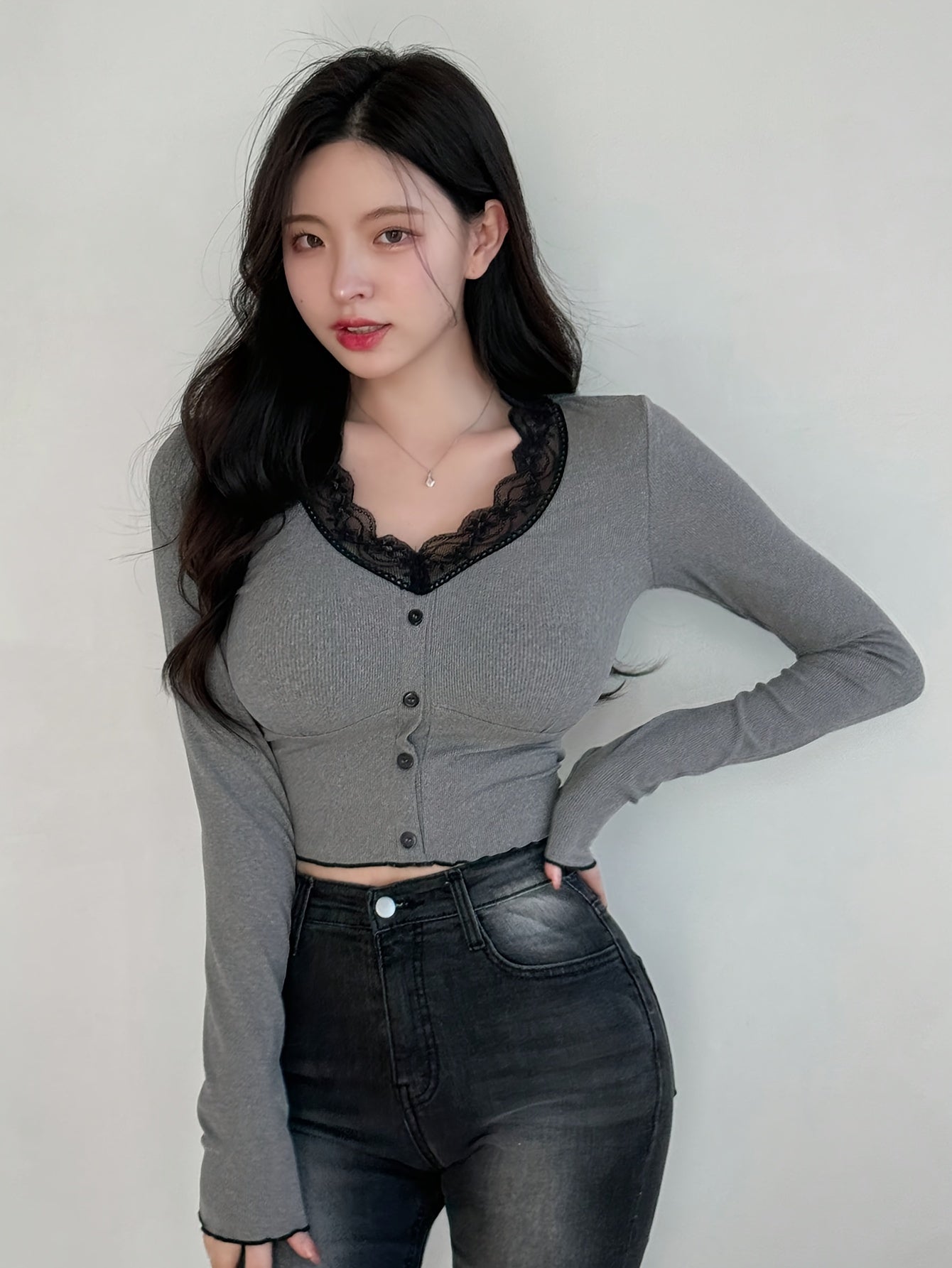 Elegant V-Neck Button-Up Long Sleeve T-Shirt for Women – Solid Color Knit Polyester Blend Top with Lace Details, Stretch Fit for All Seasons