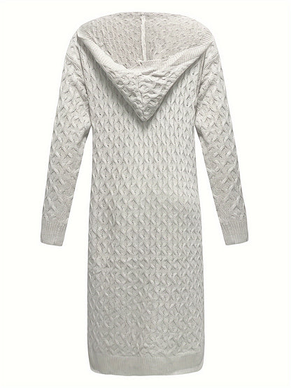 Solid Open Front Hooded Cardigan, Casual Long Sleeve Long Length Sweater For Fall & Winter, Women's Clothing