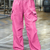 vlovelaw Plus Size Casual Pants, Women's Plus Solid Elastic Drawstring High Rise Loose Parachute Cargo Pants With Pockets