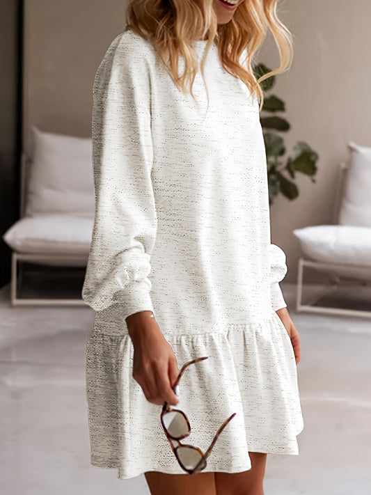 vlovelaw Solid Crew Neck Dress, Casual Ruffle Hem Long Sleeve Dress, Women's Clothing