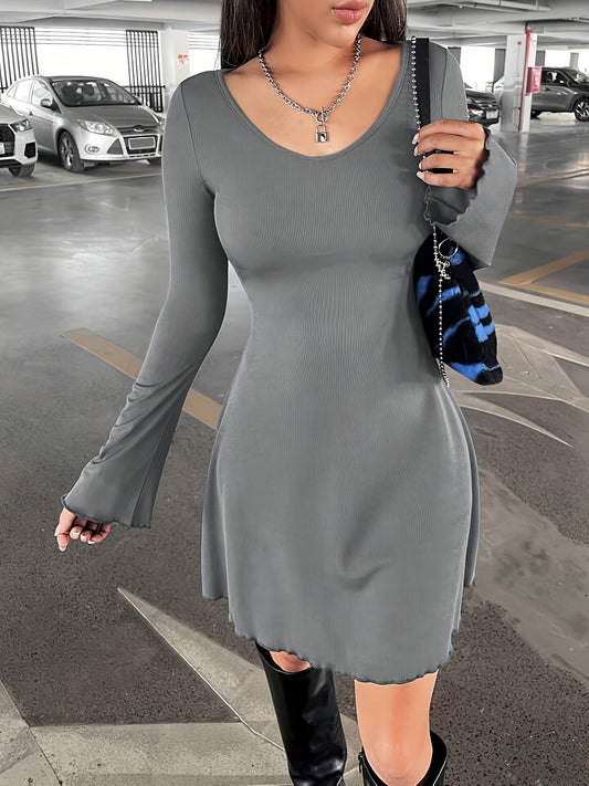 vlovelaw  Solid V-neck Simple Dress, Elegant Flare Sleeve Lettuce Trim Slim Dress, Women's Clothing