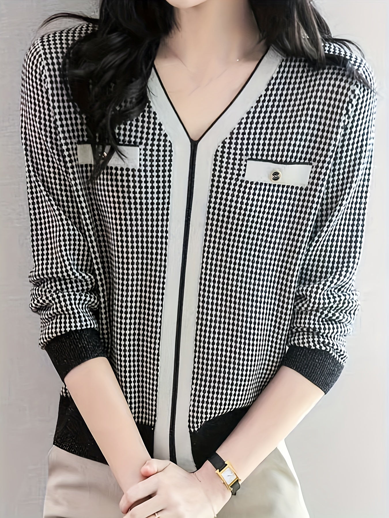 vlovelaw  Allover Pattern V Neck Sweater, Elegant Long Sleeve Sweater For Spring & Fall, Women's Clothing