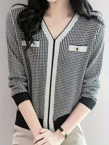 vlovelaw  Allover Pattern V Neck Sweater, Elegant Long Sleeve Sweater For Spring & Fall, Women's Clothing