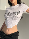 vlovelaw  Chain Decor Crop Top, Y2K Asymmetrical Hem Crew Neck Short Sleeve T-Shirt, Women's Clothing