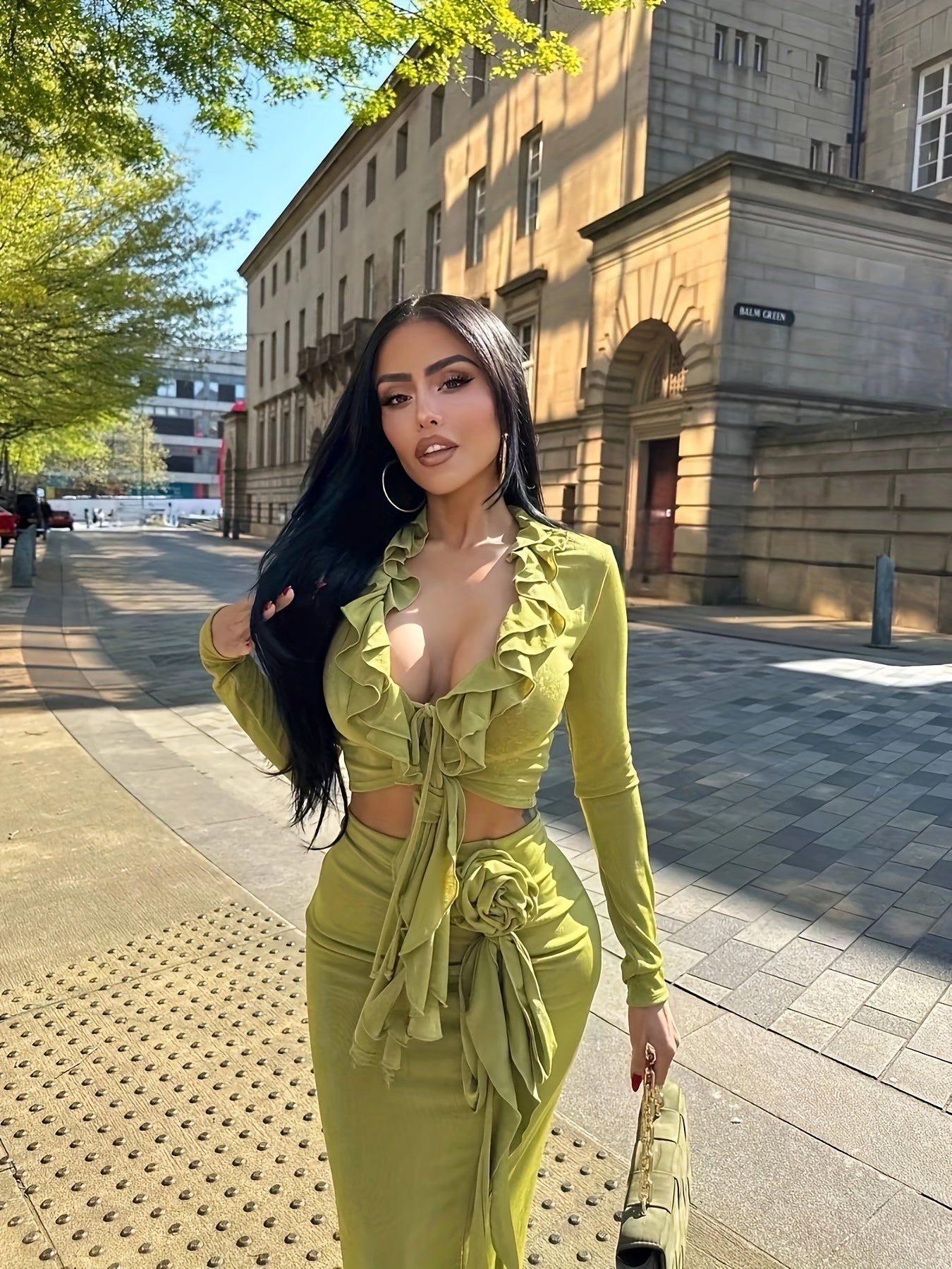 vlovelaw  Sexy Ruffle Trim Slim Skirt Set, Long Sleeve Crop Top & Velvet Bodycon Skirt Outfits, Women's Clothing