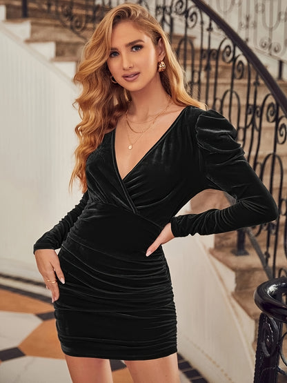 vlovelaw  Solid Ruched Bodycon Dress, Elegant V Neck Long Sleeve Party Dress, Women's Clothing