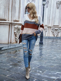 vlovelaw  Color Block V Neck Pullover Sweater, Elegant Long Sleeve Drop Shoulder Sweater, Women's Clothing