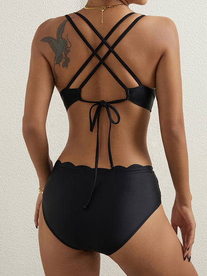Womens High Stretch Polyamide Bikini Set - Scalloped Trim Top, Ruched High Cut Bottom, Cross Back, Self-Tie Closure, Comfortable Summer Beach Swimwear with Customized Style and Knit Fabric
