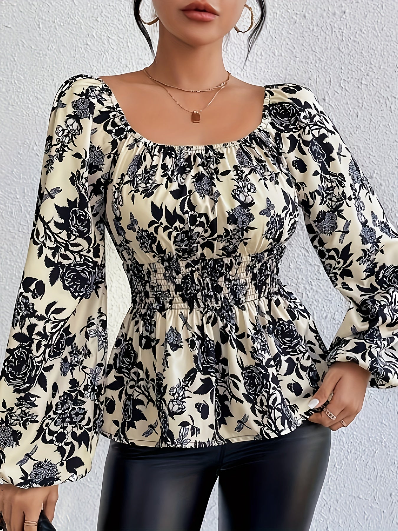 vlovelaw  Floral Print Square Neck Blouse, Elegant Long Sleeve Shirred Blouse For Spring & Fall, Women's Clothing