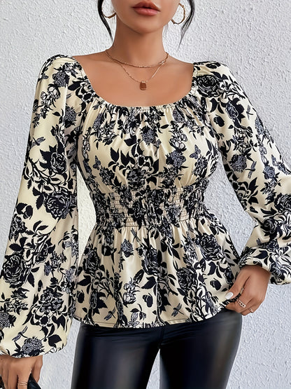 vlovelaw  Floral Print Square Neck Blouse, Elegant Long Sleeve Shirred Blouse For Spring & Fall, Women's Clothing
