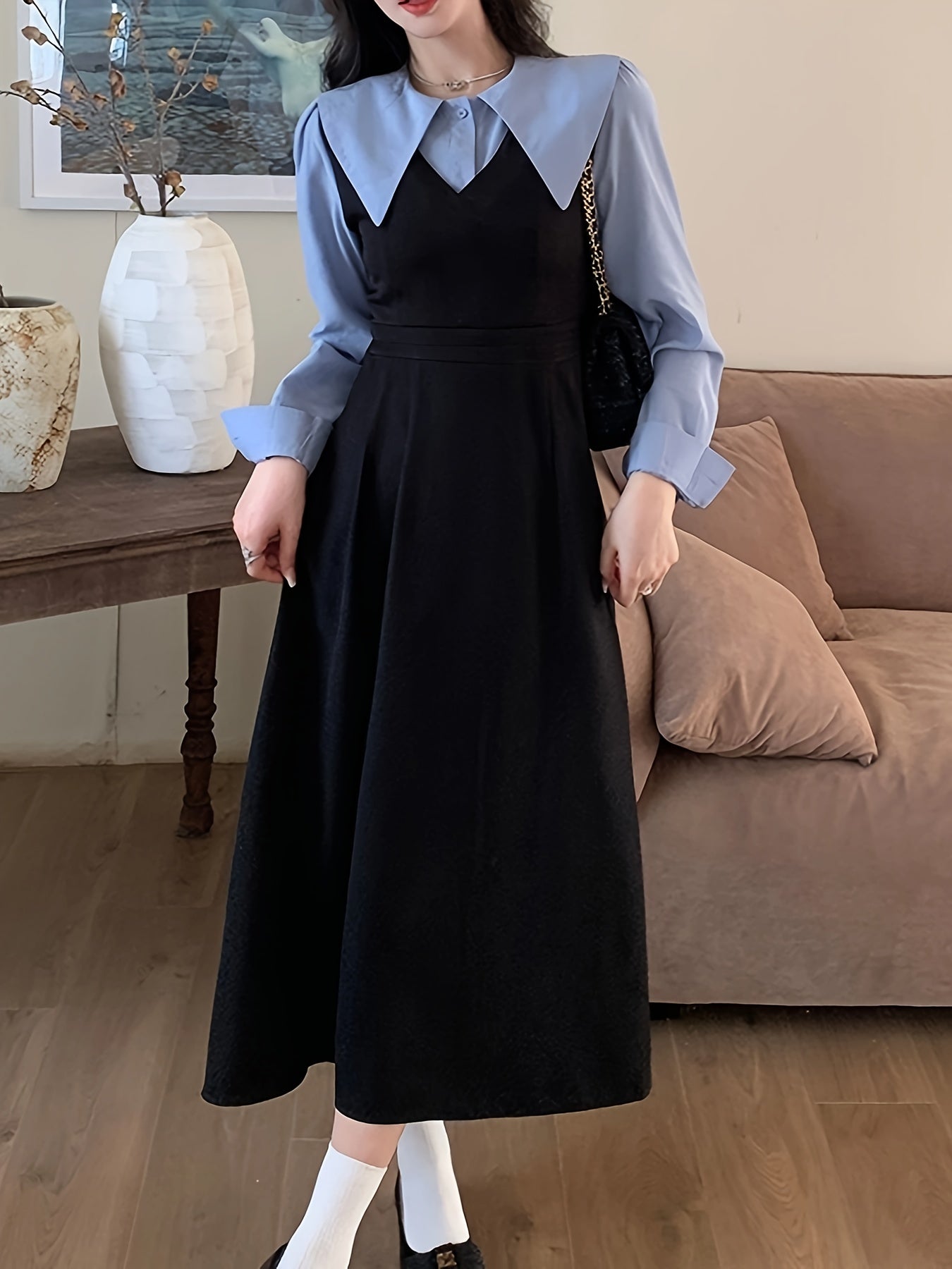 Color Block Splicing Peter Pan Collar Dress, Preppy Long Sleeve Ruffle Hem Aline Dress For Spring & Fall, Women's Clothing