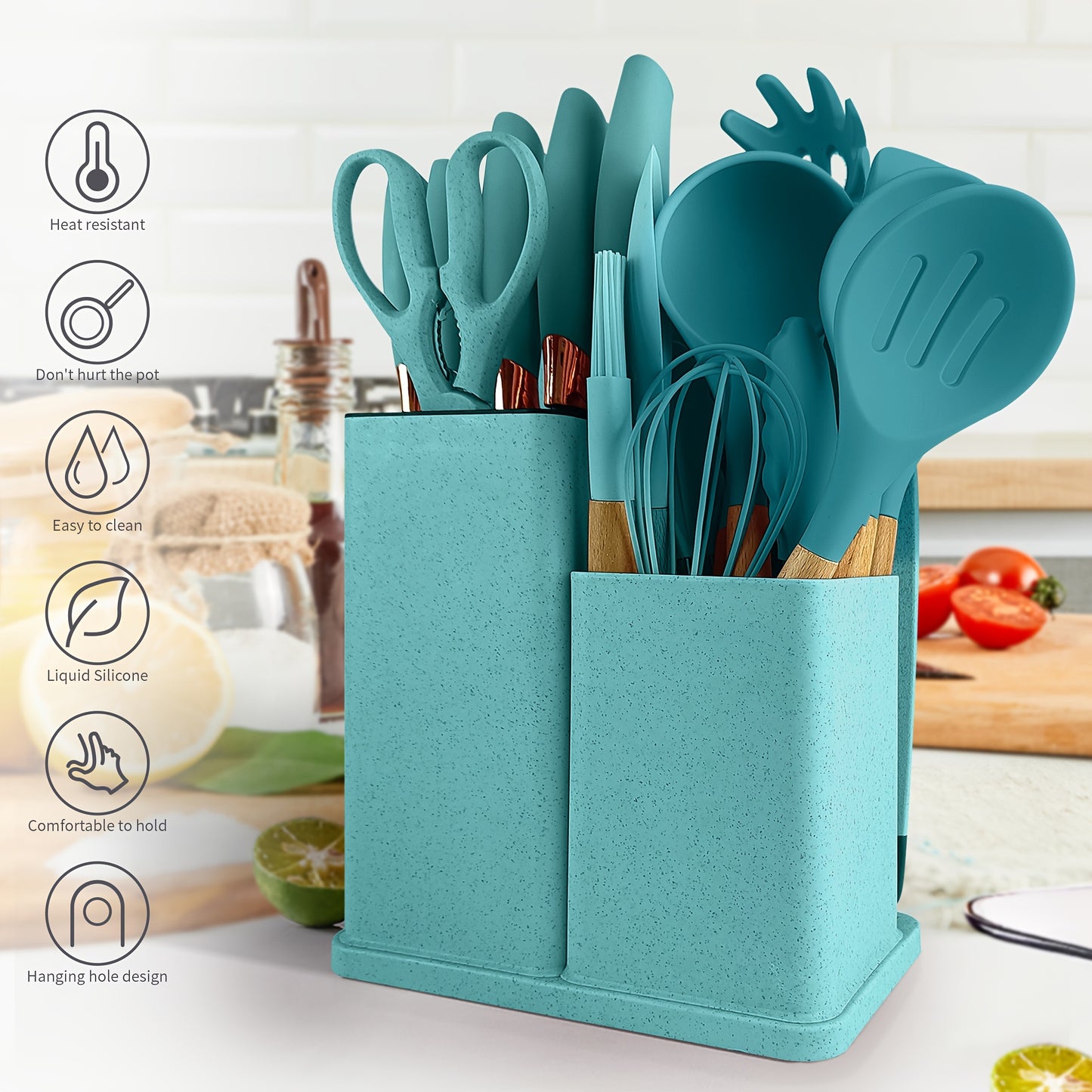 19-Piece Premium Silicone Kitchen Utensil Set With Wooden Handles And Chef Knifes - Heat-Resistant, Non-Stick Friendly Cooking Tools & Bamboo Storage Bucket - Selected Christmas Present For Cooking Enthusiasts