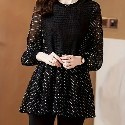 Polka Dot Print Splicing Blouse, Elegant Ruffle Hem Long Sleeve Blouse, Women's Clothing
