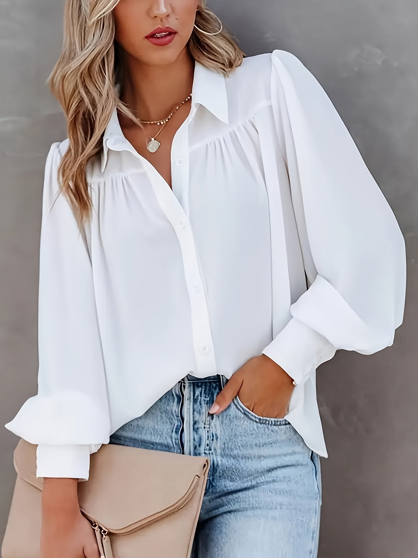 Solid Lapel Long Lantern Sleeve Button Down Shirt, Loose Lightweight Elegant Office Shirt, Women's Clothing